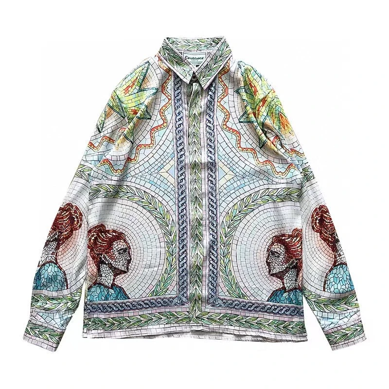

2023ss New Casablanca Shirt Men Women 1:1 kanye Fragmented Portrait Print Hawaii Beach Silk Shirts