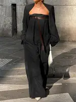 Yeezzi 2025 New Female Fashion Long Sleeves Collarless Outerwear Tops & Strapless Wide Leg Tube Belted Jumpsuits Two Pieces Sets - Image 5