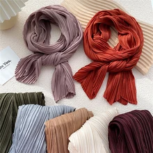 

Long Crinkled Scarves Solid Color Decorative Headscarf Women Hijab Muslim Head Wrap Cotton Linen Shawl Scarves Pleated Scarf