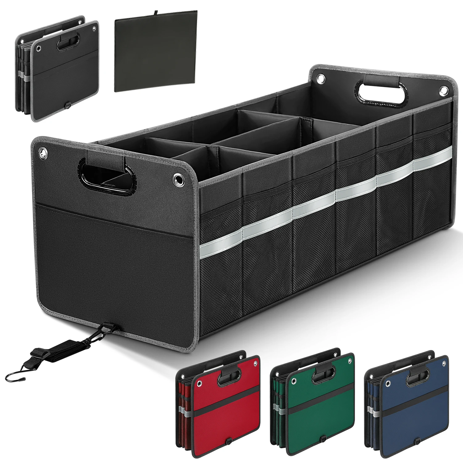 Car Trunk Organizer, Heavy-Duty Polyester Multi-Compartment Storage Box, Waterproof with Reflective Strip, Durable Handles 5