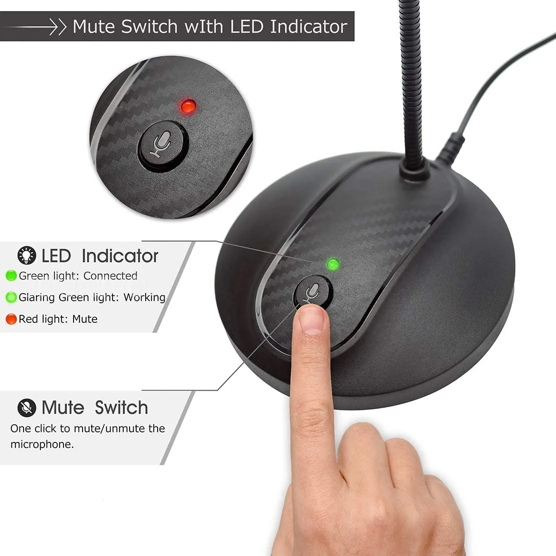 Omnidirectional USB Microphone with Gooseneck Flexibility, Mute Control & LED Indicator, Noise-Canceling, Easy Plug & Play Setup