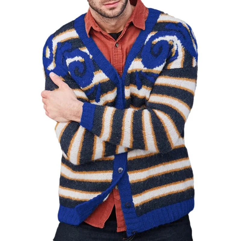 Men's Sweater Cardigan 2023 Autumn And Winter New Striped Youth Vitality Leisure Large Size Sweater