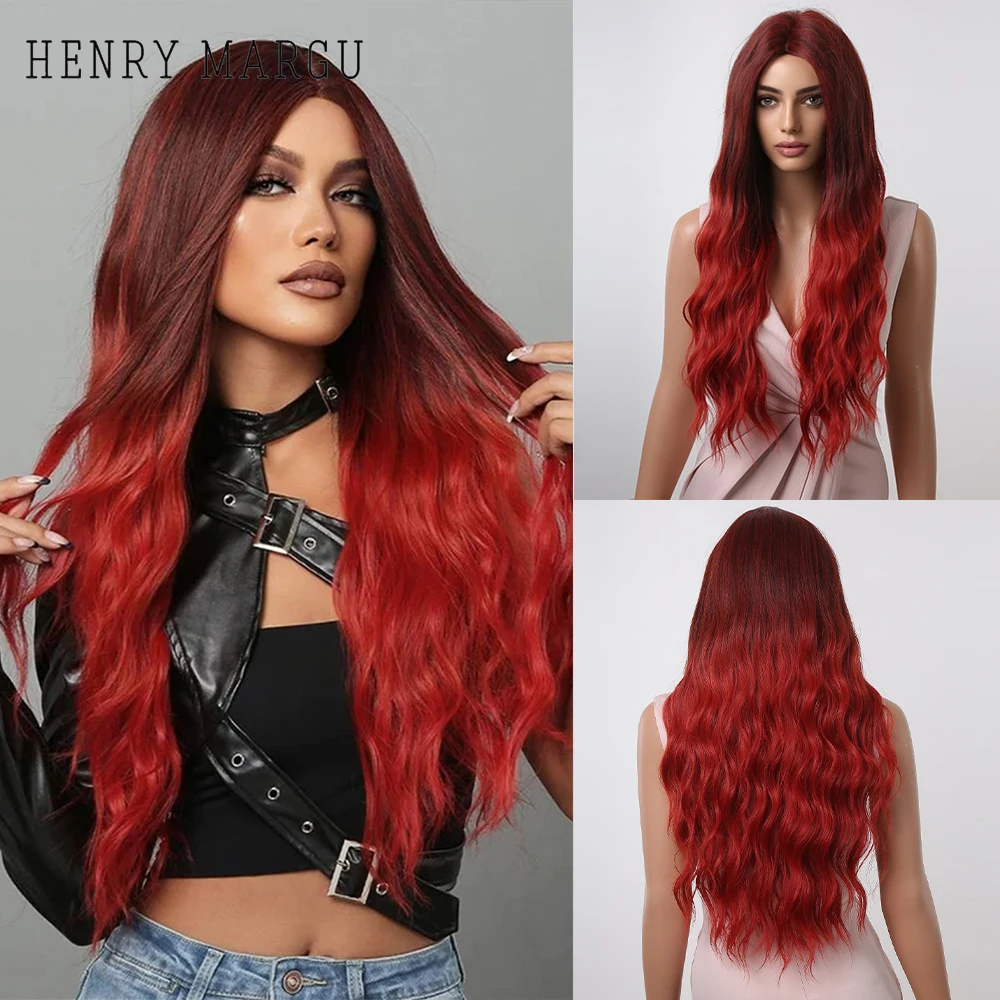 

HENRY MARGU Long Body Wavy Synthetic Wigs Dark Red Ombre Wigs for Women Middle Part Cosplay Daily Heat Resistant Hair Fiber Wigs