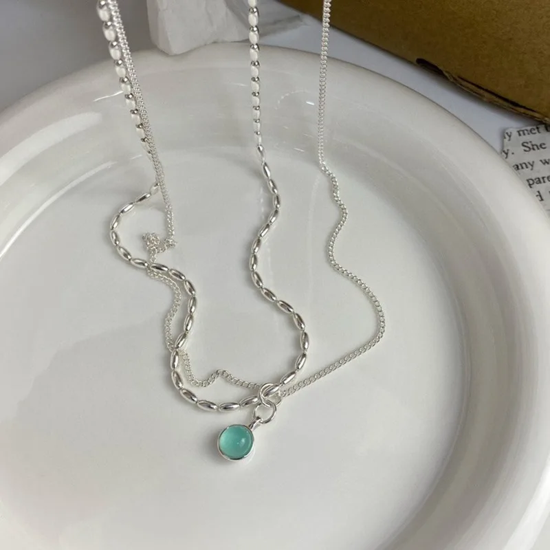 VENTFILLE  925 Sterling Silver Green Crystal Double Layer Necklace For Women Design Temperament Versatile Jewelry Gift Wholesale