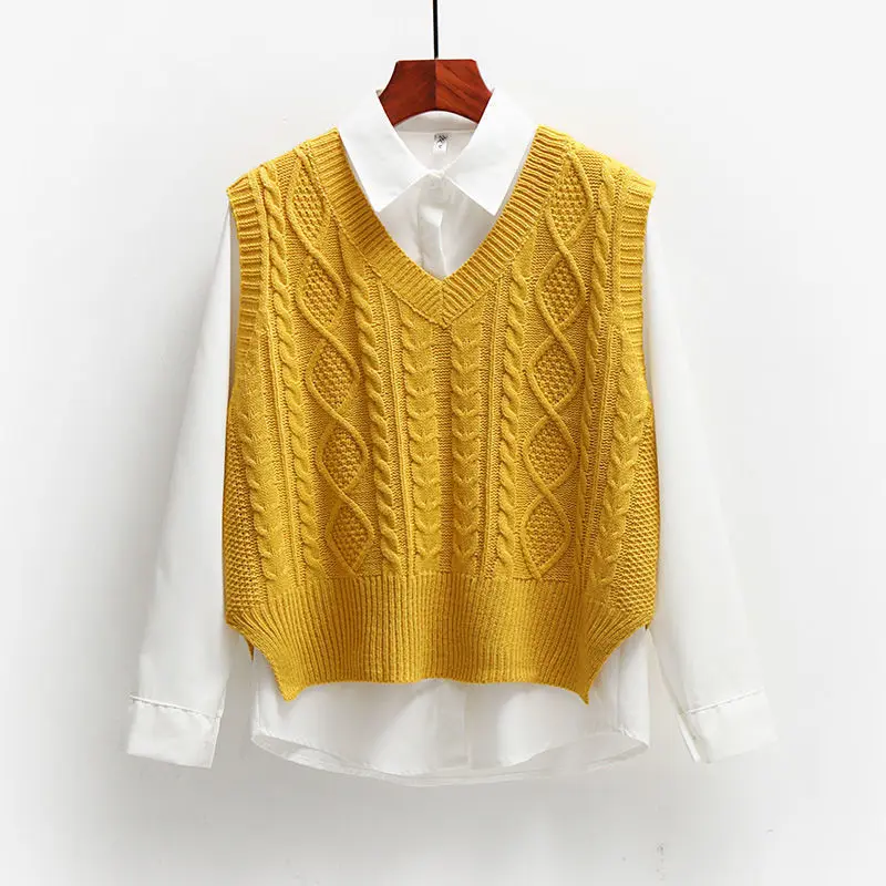 

Vest Women Solid Short Loose Trendy Korean Style Sleeveless Knitted V-Neck All-match Female Coats Simple Leisure Outwear Yellow