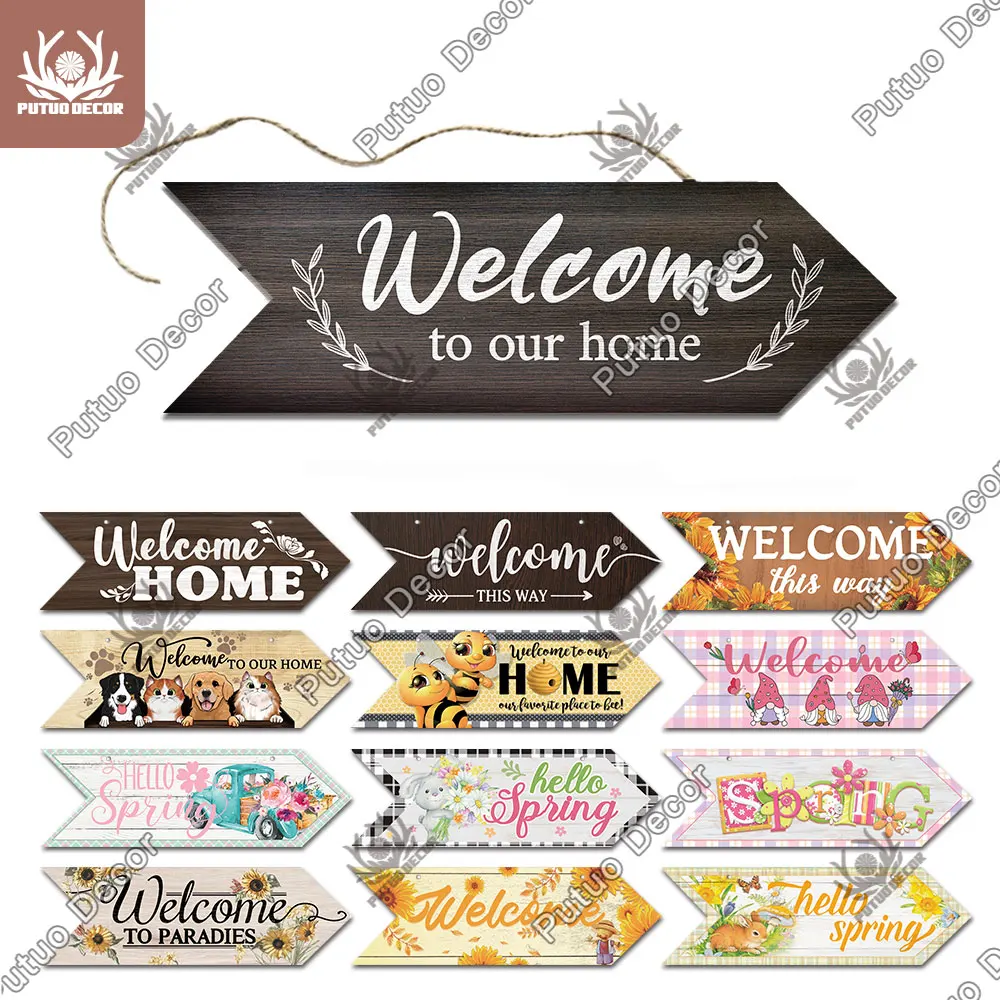 

Putuo Decor Welcome Wood Arrow Signs Hello Spring Wooden Plaque Rustic Hanging Sign for Garden Wall Decor Home Door Decoration