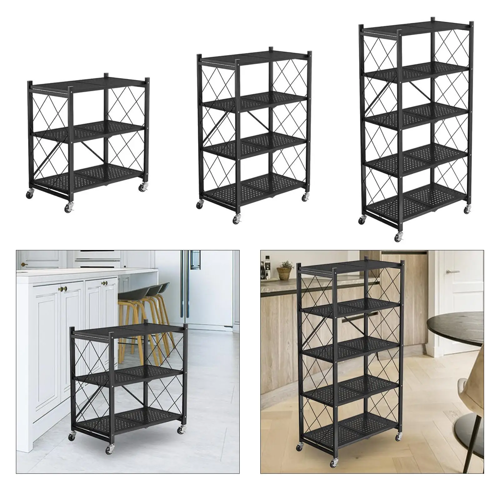 Foldable Storage Rack with Wheels Metal Display Shelf Bookshelf Shelving Unit Trolley Utility Cart for Kitchen Classroom Dorm