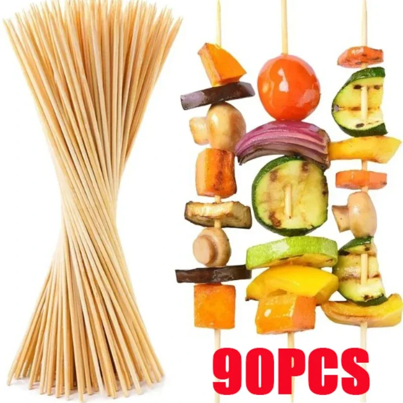 90pcs Bamboo Stick Food Grade Bamboo Skewer Sticks Disposable Natural Wood Long Stick Barbecue Fruit BBQ Tools 15/20/25/30cm