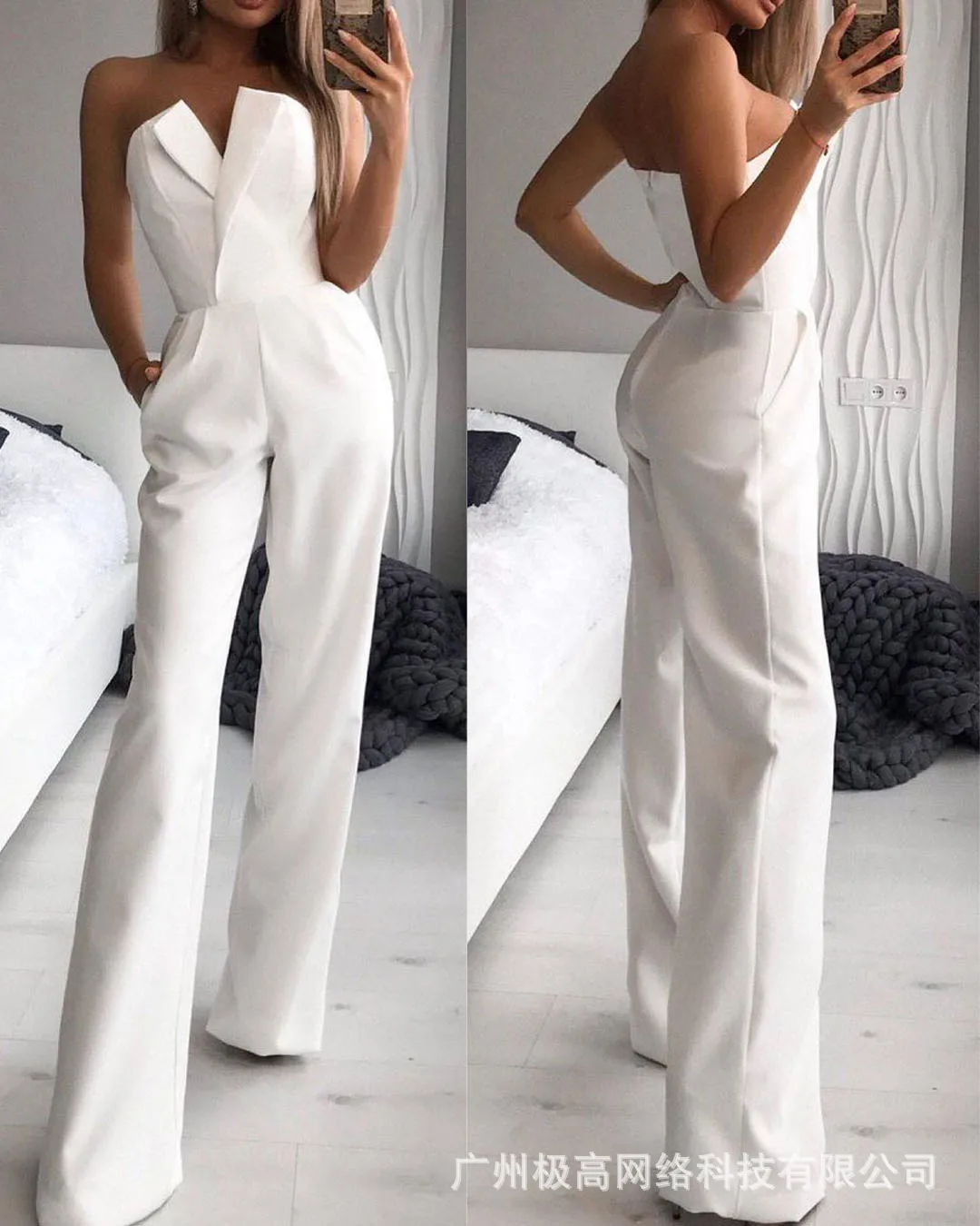 Women's V-Neck Jumpsuit 2024 Spring and Summer New Versatile Summer Strapless Slim Fit Waist High Pocket Straight Leg Jumpsuit