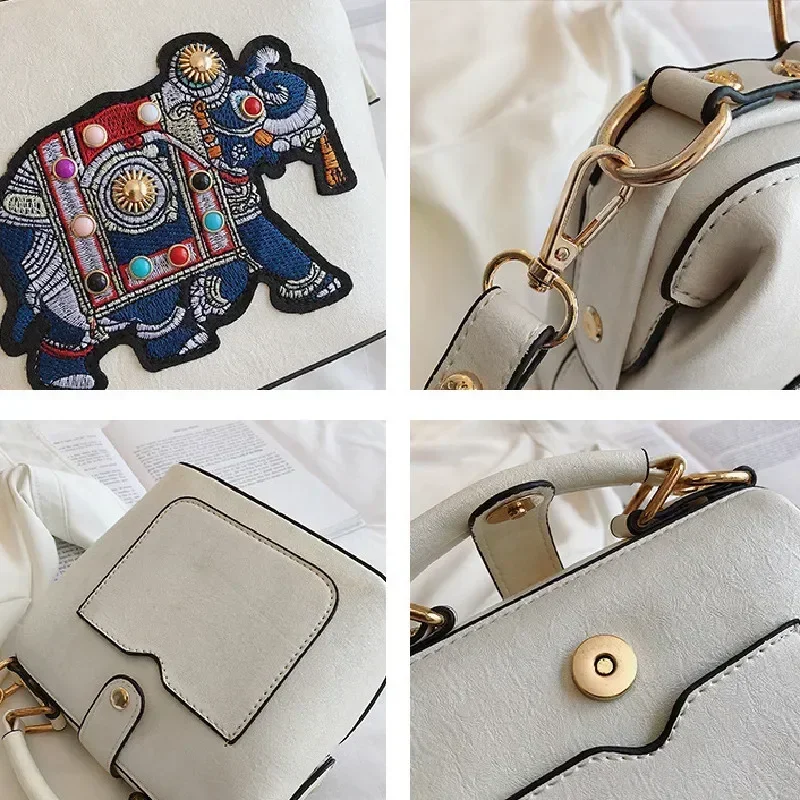 Luxury PU Leather Handbag Crossbody Bag, Elephant Embroidered Bags Purses Satchels Suitable for Daily Work, Party and Travel.