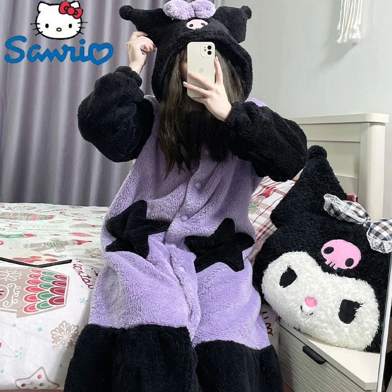 

Ночная рубашка из кораллового флиса Sanrio Kuromi, зимняя теплая Милая Повседневная Домашняя одежда с капюшоном, Мультяшные женские Мягкие плюшевые пижамные брюки, комплект