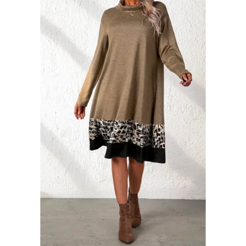 

Women's Dress Casual Half High Neck Dress Women's Long Sleeved Style Cotton Mid Length Midi Dress Plus Size Vestidos para mujer