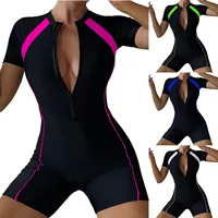 Female Summer One-piece Solid Color Patchwork Flat Angle Short Sleeved Zippered Swimsuit Sun Protection Quick-Drying Swimwear - Image 5