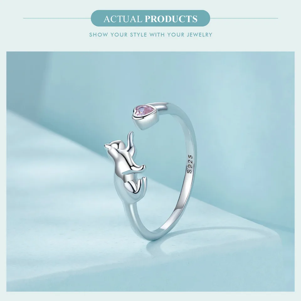 Sterling Silver Cat Open Ring With Pink Zircon Adjustable Kitty - PeticaDeals