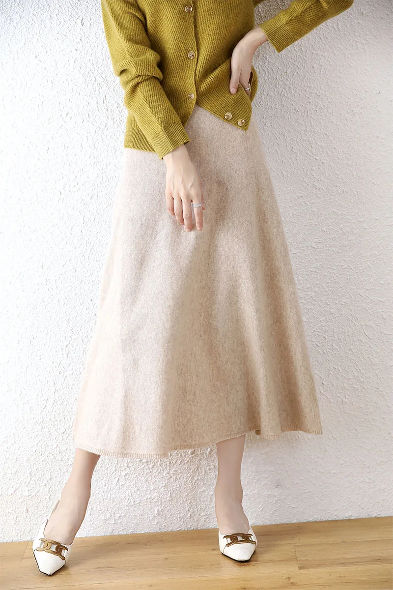 100% Merino Wool New Autumn and Winter Women\'s Half-length Solid Color Versatile Commuting Over-the-Knee Skirt