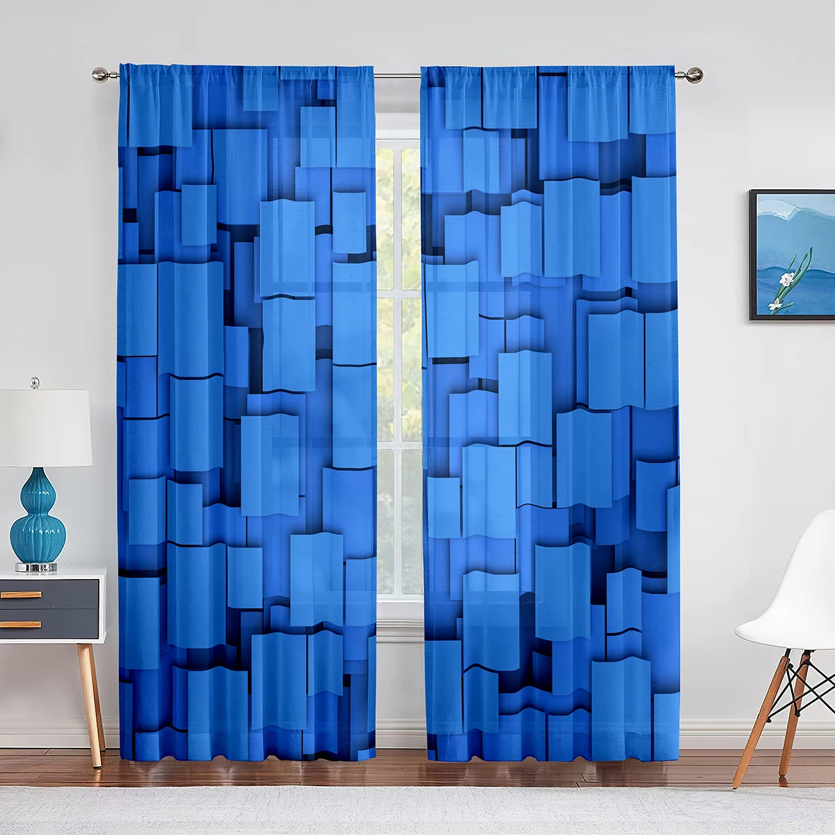 

Blue Geometric Square Sheer Voile Curtain for Kitchen Living Room Bedroom Decor Modern Abstract Tulle Curtains Window Treatment