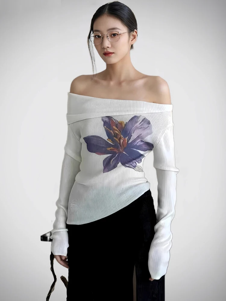 Trendix Knit Print Pullover For Women 2025 Summer Long Sleeve Asymmetric Top Ladies Party Sexy Off Shoulder Knitwear Flower Tops 3