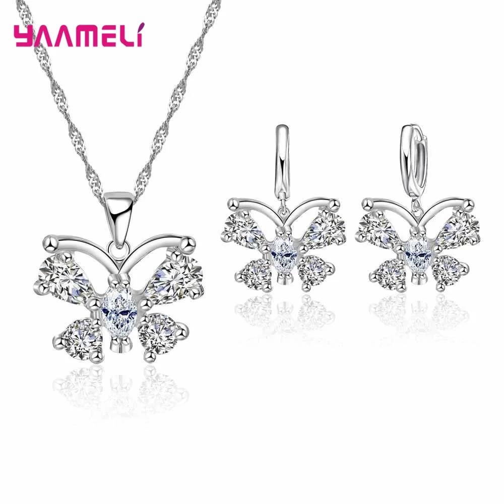925 Sterling Silver Crystal Flower Square Pendant Necklace Earrings Jewelry Set For Women Girls Wedding Engagement