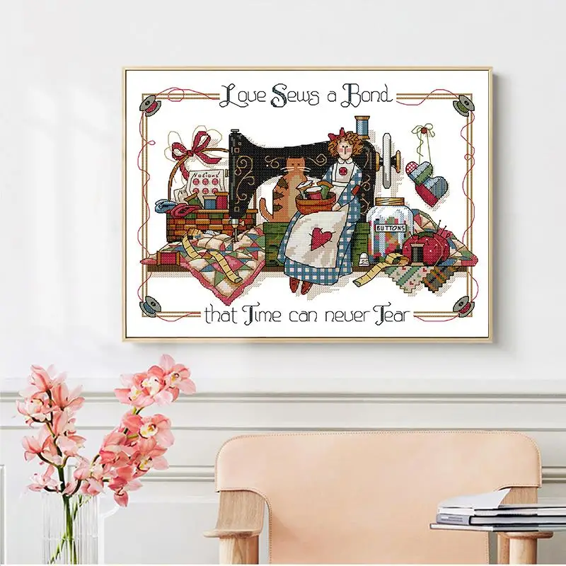 Cross Stitch Kit Sewing Machine and Doll DIY Cartoon Pattern 14CT 16CT 11CT White Printed Fabric DMC Thread Embroidery