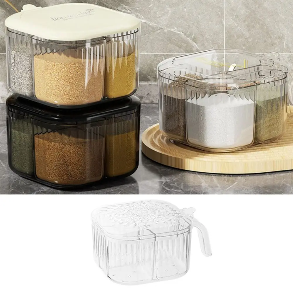 Description Picture 4 of itemDurable 4 Compartment Kitchen Seasoning Box Detachable Square Condiment Container with Spoon Plastic Spice Jar Salt