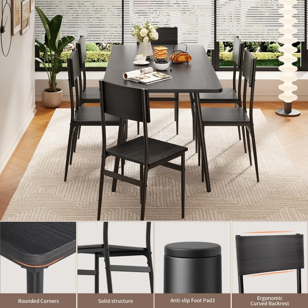 7-Piece Dining Table for 4-6, 63&rdquo; Large Extendable Kitchen Table Set with 6 Chairs, Dining Set for Room