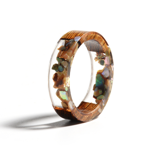 Hot Sale Handmade Wood Resin Ring Dried Flowers Plants Inside Jewelry Resin Ring Transparent Anniversary Ring for Women
