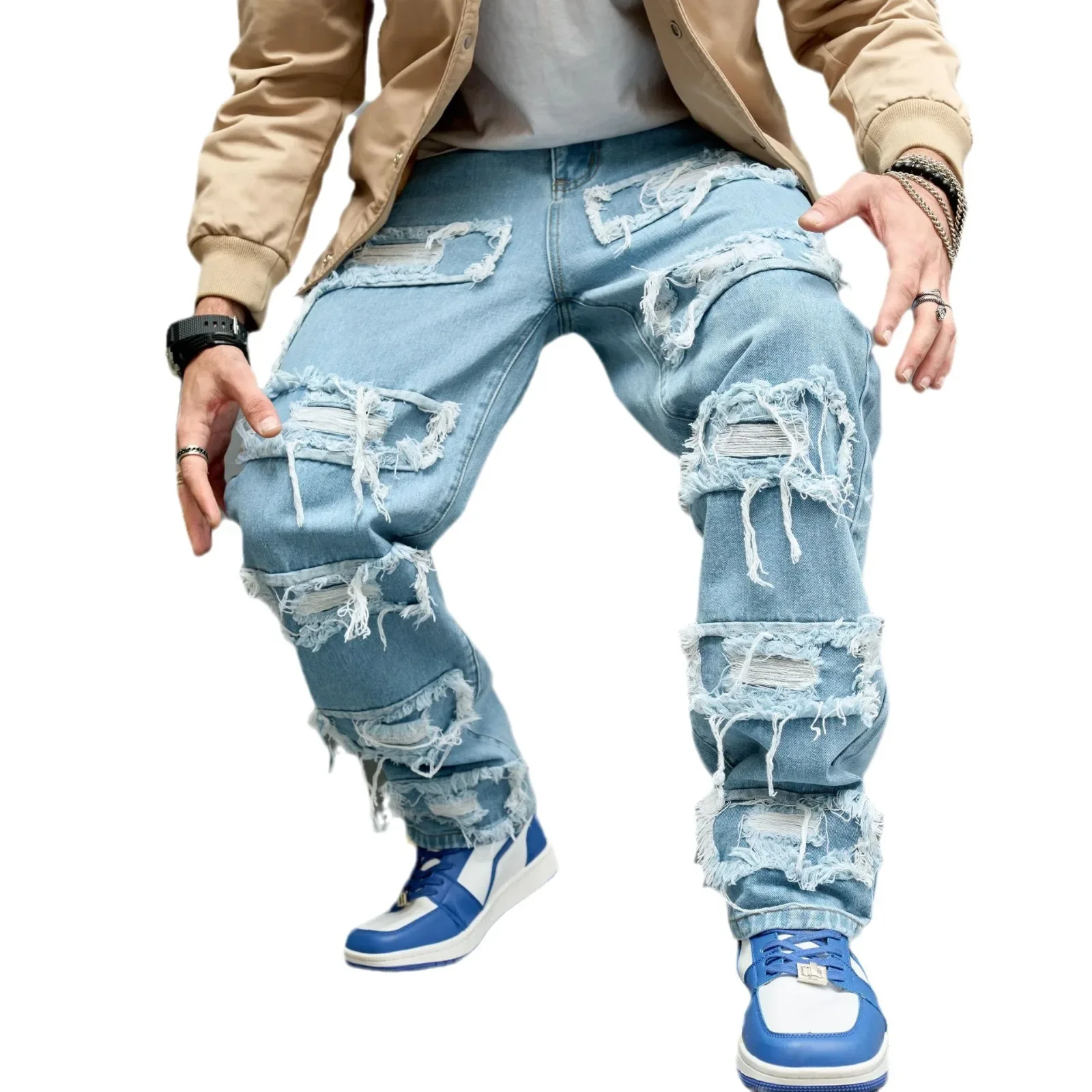 European and American Fashion Youth Bionic Jeans Solid Color Slim-Fit Ripped Stretch Jeans