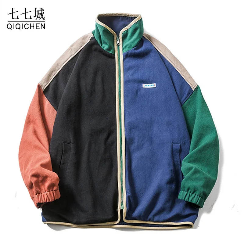 Hip Hop Double-sided Varsity Jacket Men Color Block Street Coat Stand Collar Spring Autumn Casual Japanese Harajuku Jackets