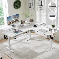 60 Inches L Shaped Electric Standing Desk, Height Adjustable Corner Gaming Desk with Drawers, Keyboard Tray, Power Outlets 1