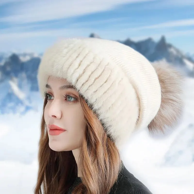Kış Polar Sıcak Bere Kadın Moda Vizon Tüyü Soğuk Kalın Kayak Şapkası_voghion.com
