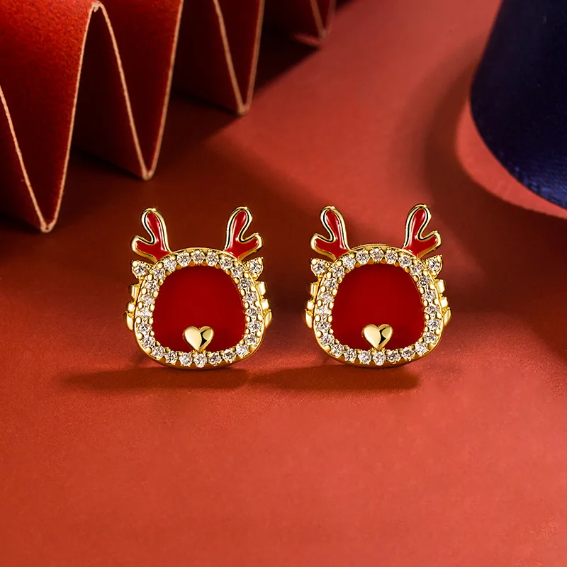 Dragon Year Red Orecchini Vintage Da Donna Cute Little Dragon Ear Stud Popolare Autunno/Inverno Unique 925 Silver Gold Color Jewelry