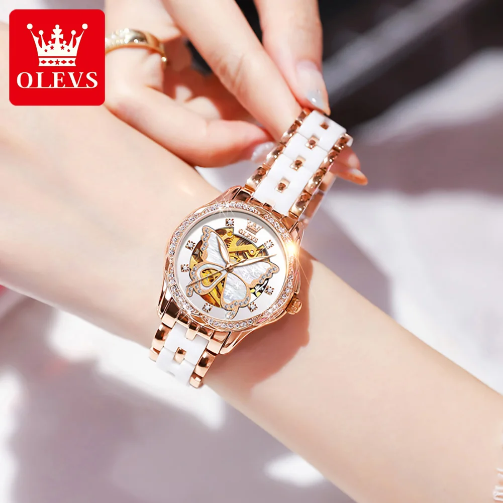 OLEVS Watch for Women Ceramic Strap Waterproof Luminous Diamond Skeleton Tourbillon Dial Women's Automatic Mechanical Wristwatch