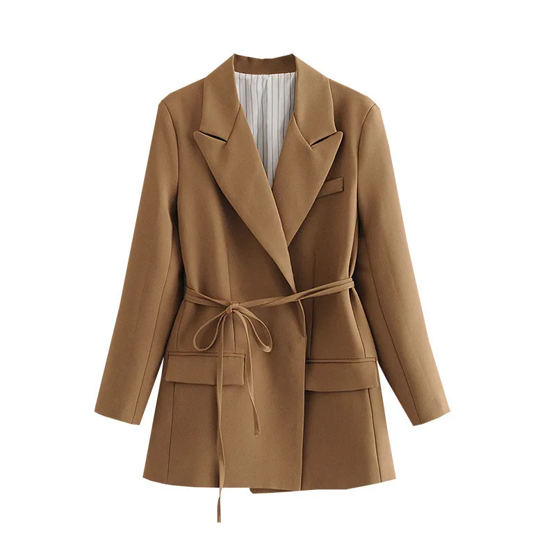 

Korean Vintage Khaki Suit Jacket With Sashes Women Spring Autumn Notched Collar Long Sleeve Female Blazers Coat Chaqueta Mujer