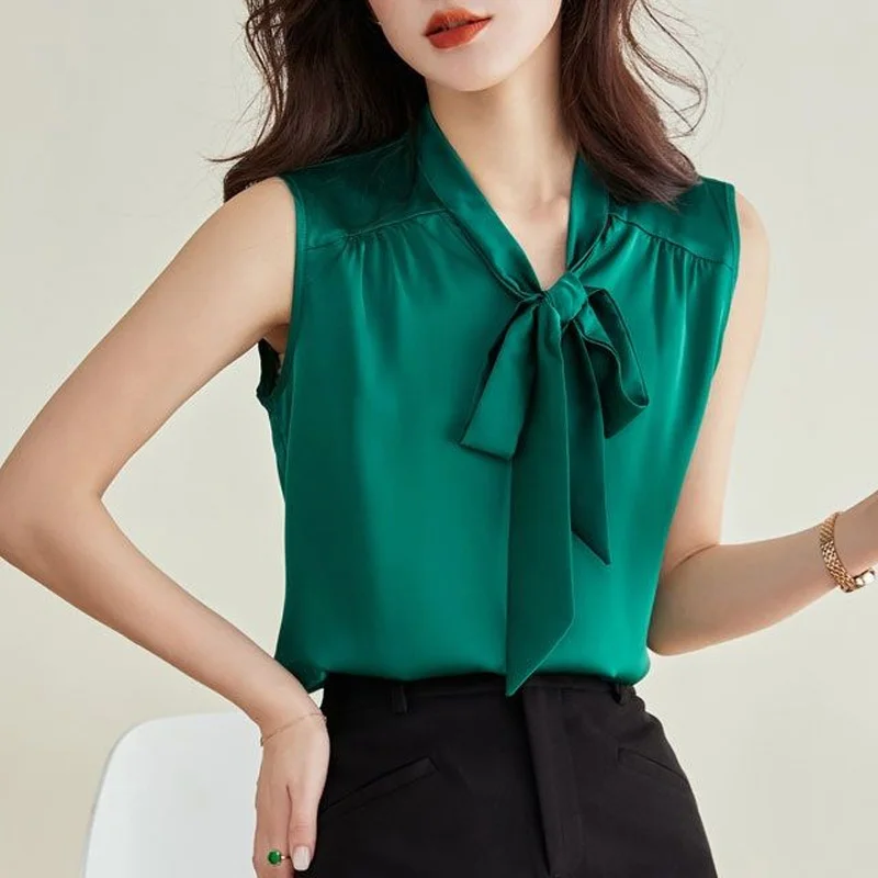 

2023 New Summer Fashionable and Stylish V-neck Bow Tie Commuting Simple Sleeveless Loose Fitting Solid Color Versatile Shirt