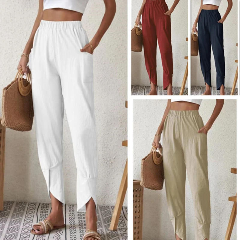 2021 fashion straight pants high waist casual office lady pants full length wide leg loose female trousers joggers women 2023 Women Linen Harem Pants Summer Casual Cotton Loose High Waist Pocket Trousers Female Vintage Ankle-Length Wide Leg Trousers