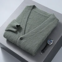 2023 Autumn Winter New Cardigan Men's V-Neck Top 100% Mink Cashmere Knitted Sweater Casual Loose Large Long Sleeved shirt Jacket 1
