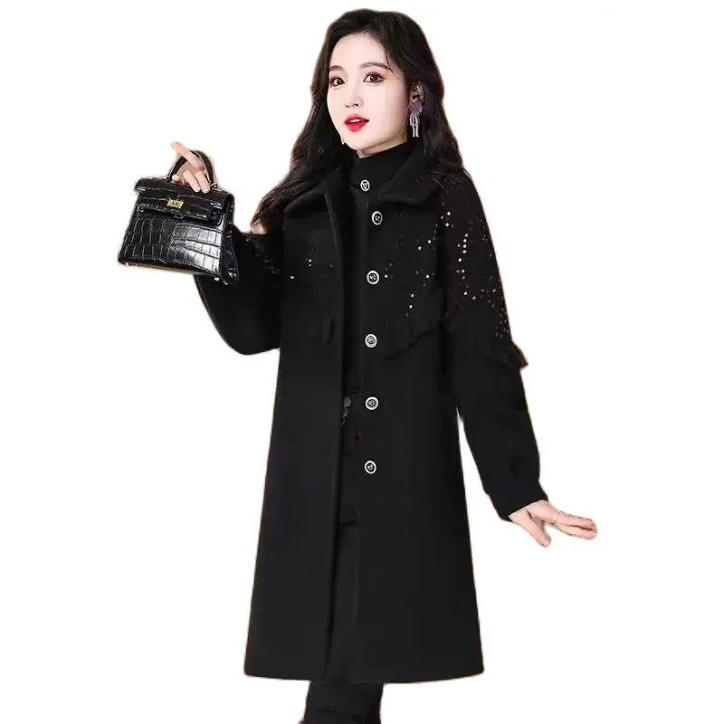 

Hepburn Style Sequined Temperament Woolen Coat Women's Autumn And Winter New Loose Fashion Explosions High-end Long Thick Coat.