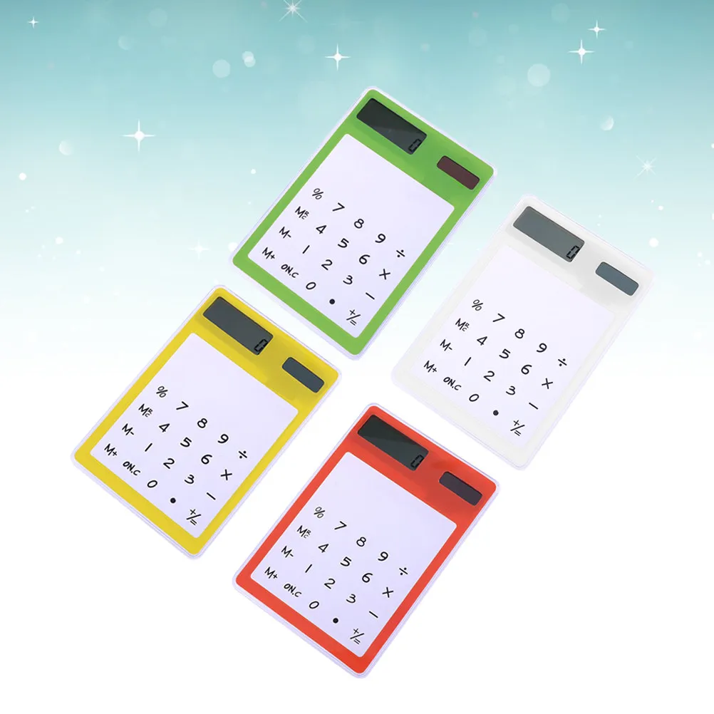 4Pcs 태양열 계산기 투명 터치 패널 학교 사무실 데스크탑 용품을위한 휴대용 미니 계산기 노란색 녹색 흰색