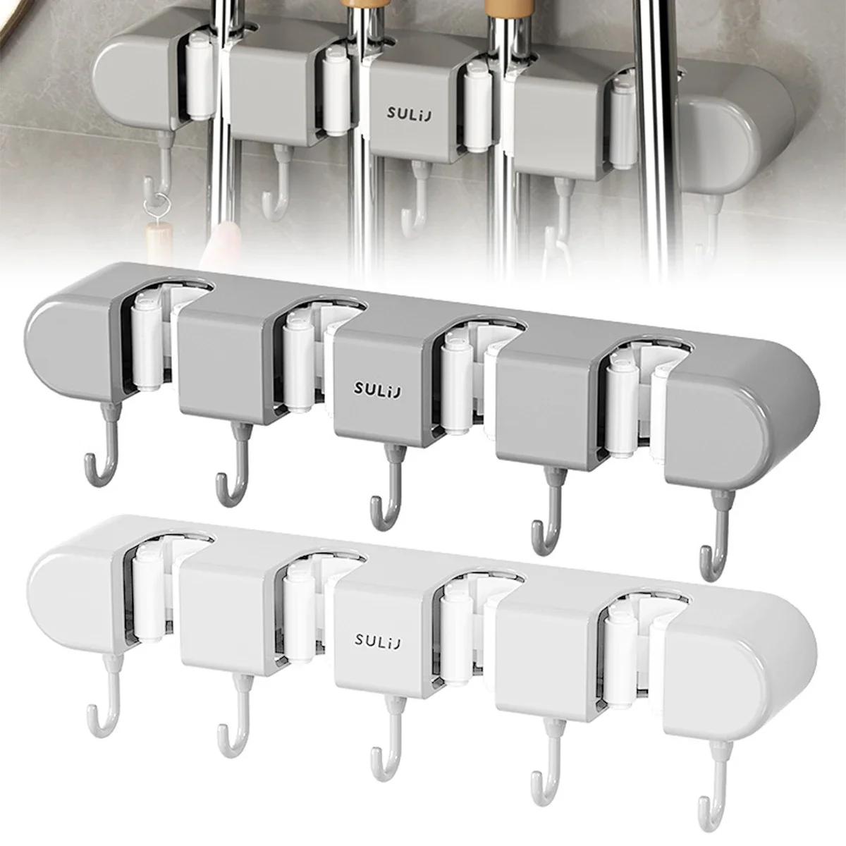 1PCS Mop and Broom Holder Wall Mounted Organizer No Drilling Self-Adhesive Storage Tool Rack with 5 Hooks Mop Holder Hanger