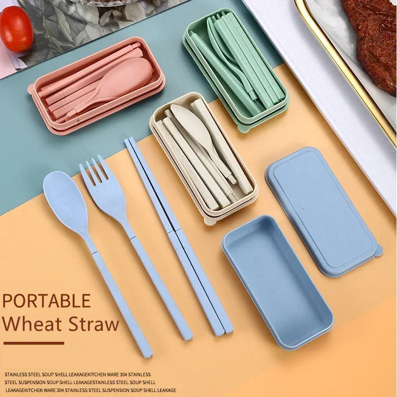 Spoon Fork Chopsticks Set Wheat Straw Dinnerware 3PCS/Set Lunch Tableware Detachable Cutlery Portable Travel Kitchen Accessories