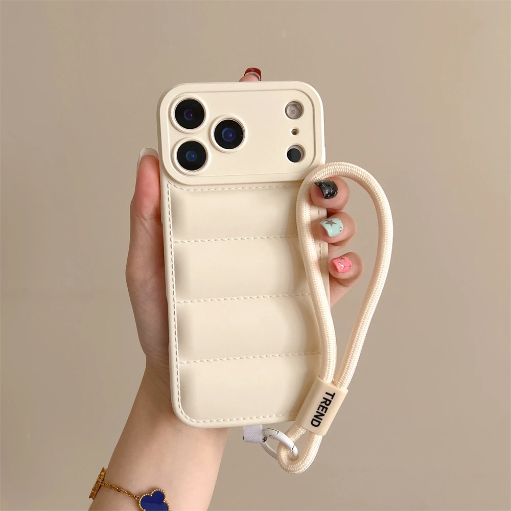 Stylish Matte Soft Down Jacket Silicone Phone Case with Shockproof Camera Protection and Wrist Strap Cover
