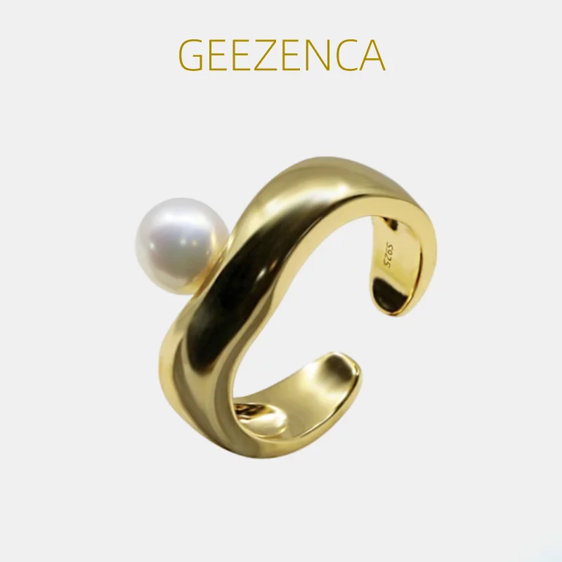 

GEEZENCA 925 Sterling Silver Gold Plated Shelll Pearl Crown Women's Ring Original Design Chic Unusual Index Finger Ring Gift