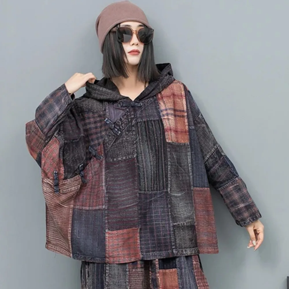 

2024 Spring Autumn New Hood Slanted Buckle Multiple Plaid Long Sleeved Top Women Fashion Coat LX1108