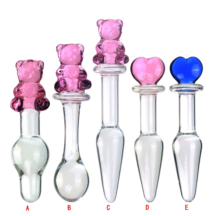 Cute Bear Head Glass Crystal Dildos Anal Plug Beads Fake Penis  
