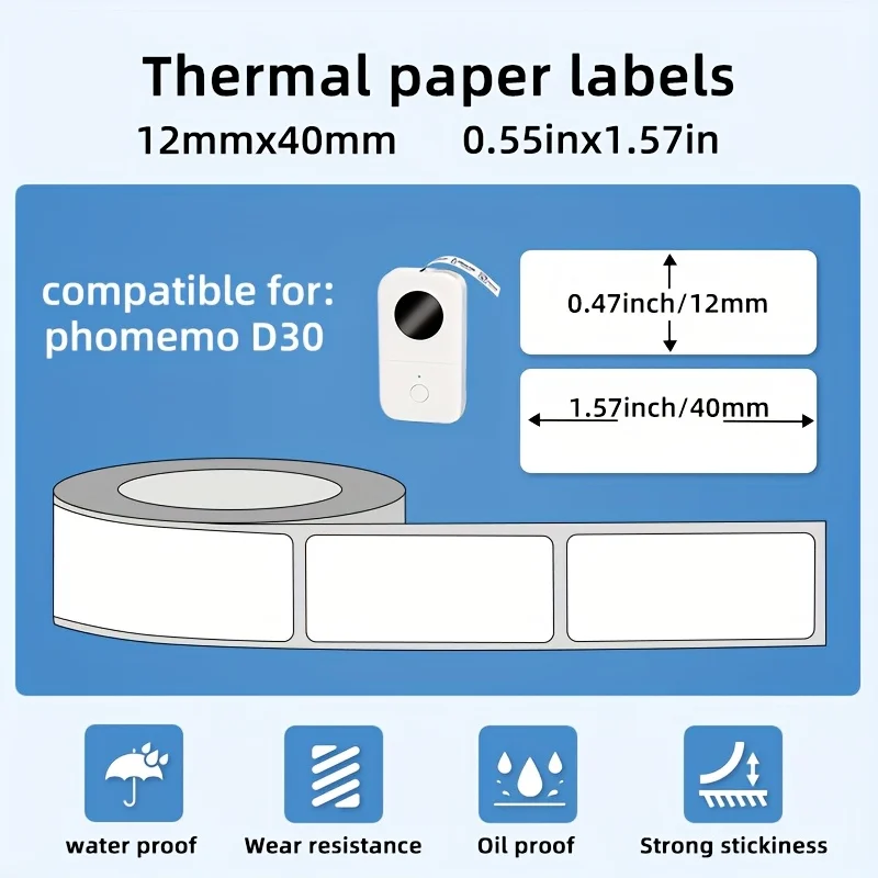 흰색 & 투명 감열 라벨 12x40mm 자가 접착식 찢김 방지 스티커 (D30 프린터용, 보관 정리용)