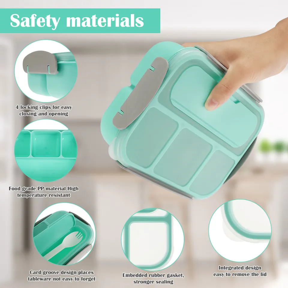 Bento Box 4 Scomparti Da 1300 Ml Con Posate E Vasetto Salsa – Lunchbox A Prova Di Perdite Per Microonde E Lavastoviglie