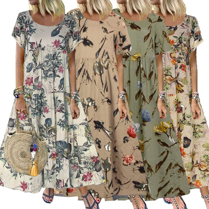 

Plus Size Womens Floral Boho Maxi Dress Short Sleeve Summer Kaftan Long Sundress Kaftan A-Line Dress Maxi Dress Overall Dress