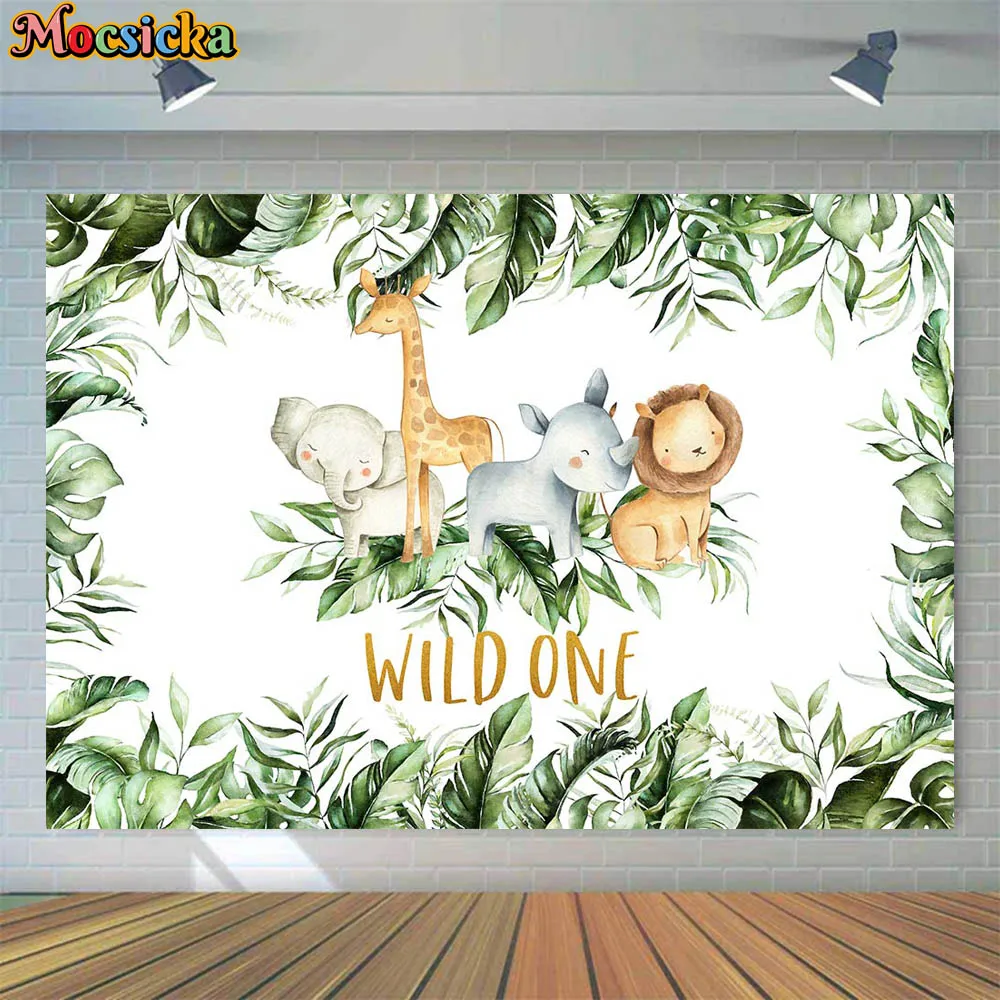 

Mocsicka Wild One Photo Background for Child 1st Birthday Party Decor Safari Animals Leaves Photography Backdrops Custom Banner