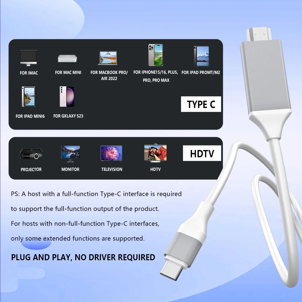 2m/6.56ft USB-C to HDMI Cable Type-C to HDMI Cord Converter 4K30Hz Video Output Type-C Dongle for Phone/Laoptop/Tablet/Pad cable converter