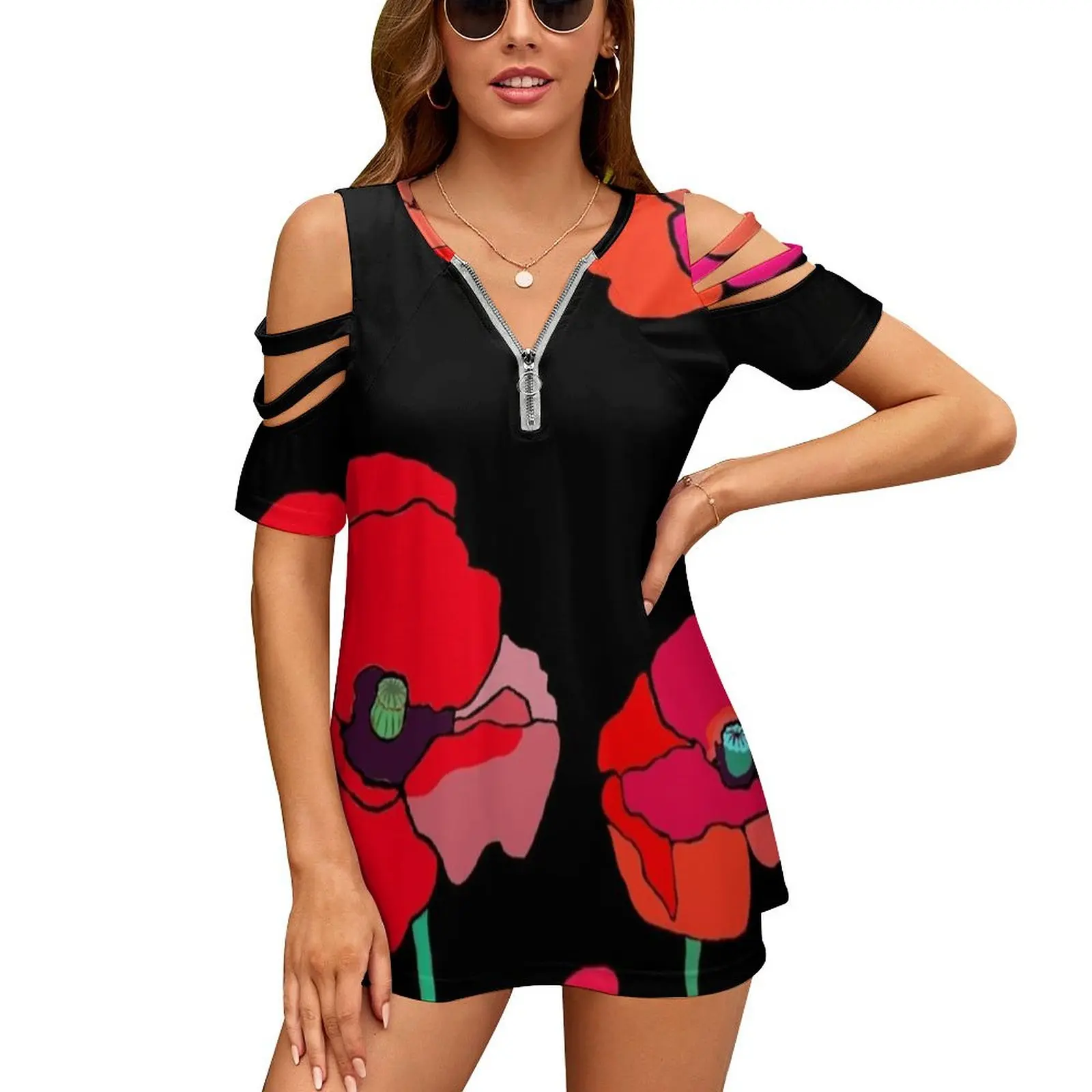 Poppies E Poppy Seed Pods Donna Zipper Sexy Printed Vintage T-Shirt Top Full Print T-Shirt Flowers Poppies Colorful Floral